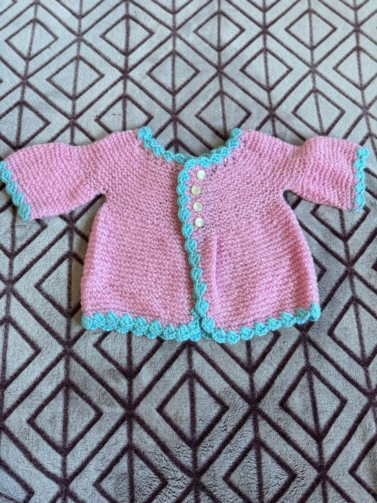 Handcrafted Knitted Pink Baby Cardigan with Crochet Blue Trim Button Details